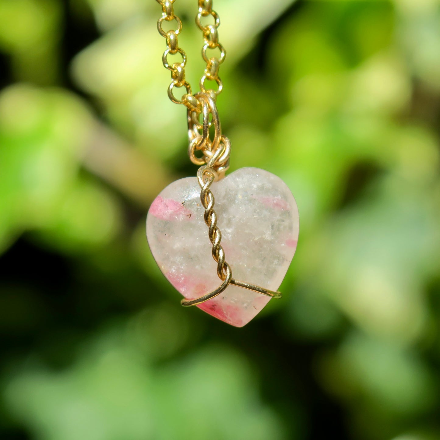 Pink Tourmaline In Quartz Heart Pendant | 14k Gold-Fill