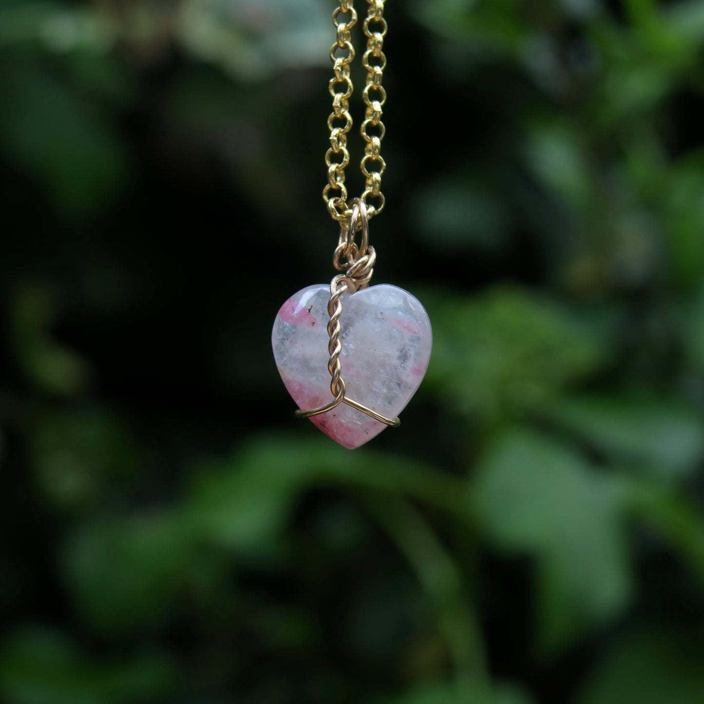 Pink Tourmaline In Quartz Heart Pendant | 14k Gold-Fill