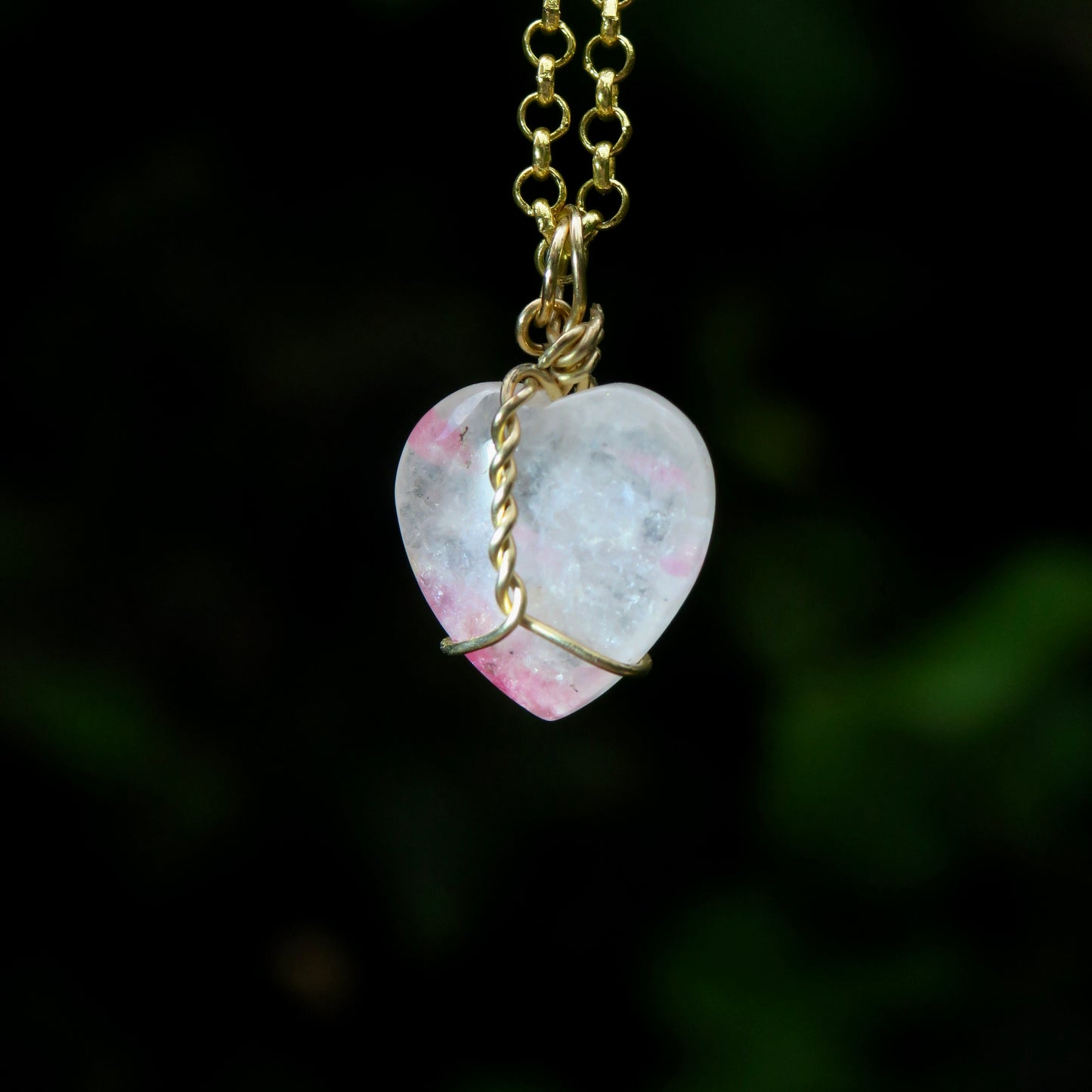 Pink Tourmaline In Quartz Heart Pendant | 14k Gold-Fill
