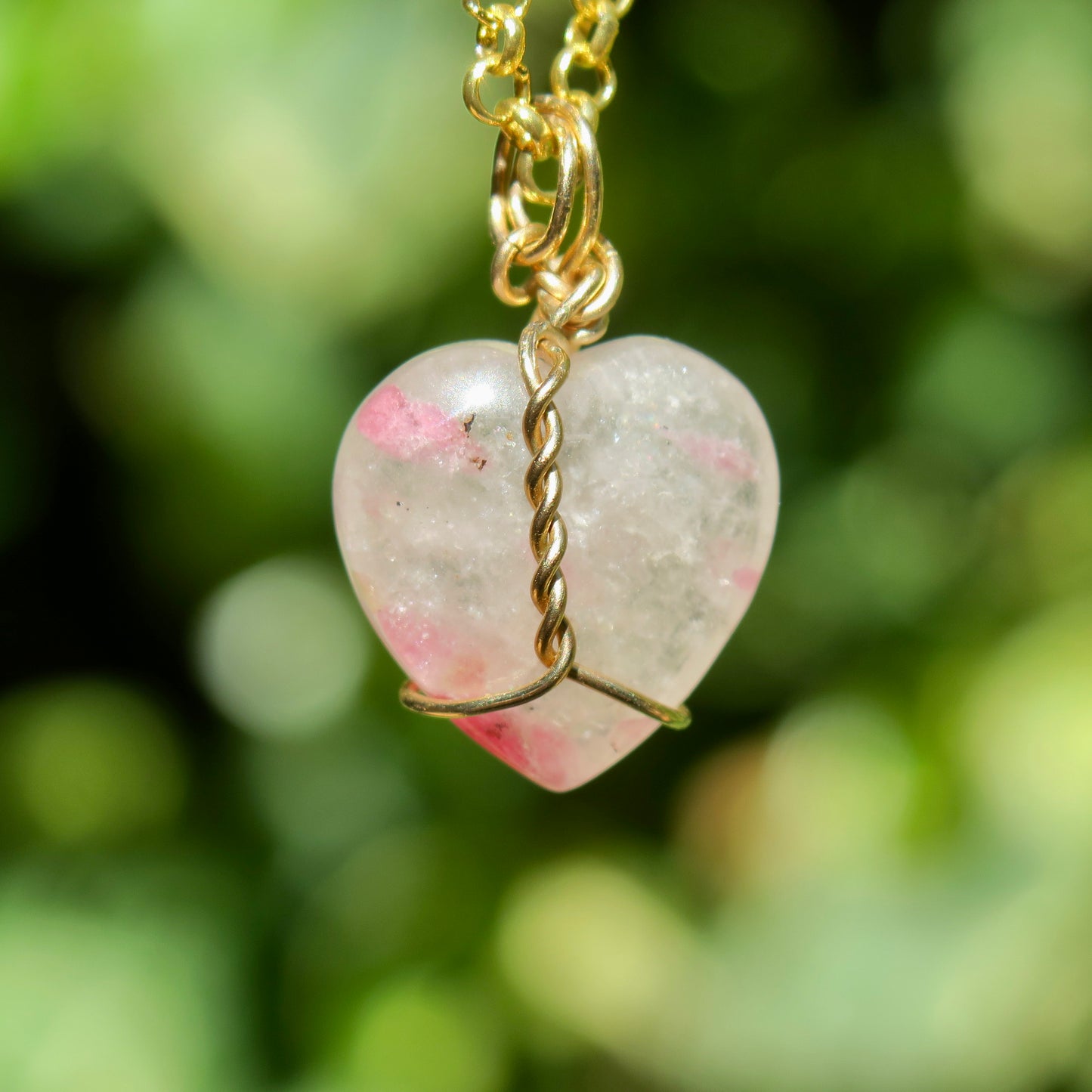 Pink Tourmaline In Quartz Heart Pendant | 14k Gold-Fill