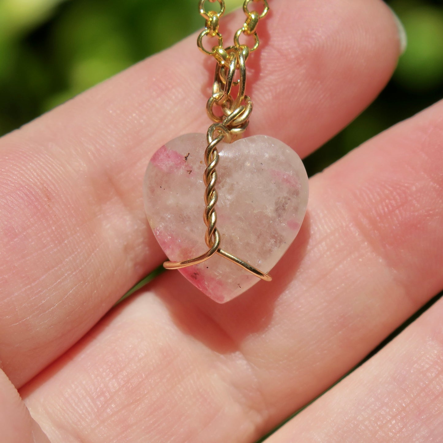 Pink Tourmaline In Quartz Heart Pendant | 14k Gold-Fill